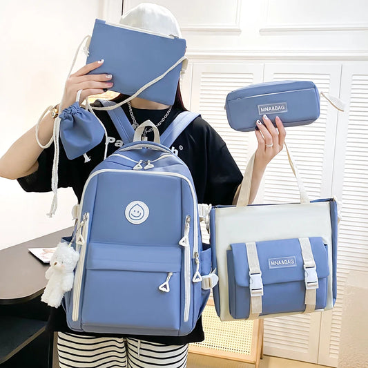 Grande capacidade lona Patchwork mochila, estudantes leve Bookbag, mochila com kit de bolso anti-roubo, conjunto combinado, 5pcs