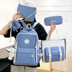 Grande capacidade lona Patchwork mochila, estudantes leve Bookbag, mochila com kit de bolso anti-roubo, conjunto combinado, 5pcs