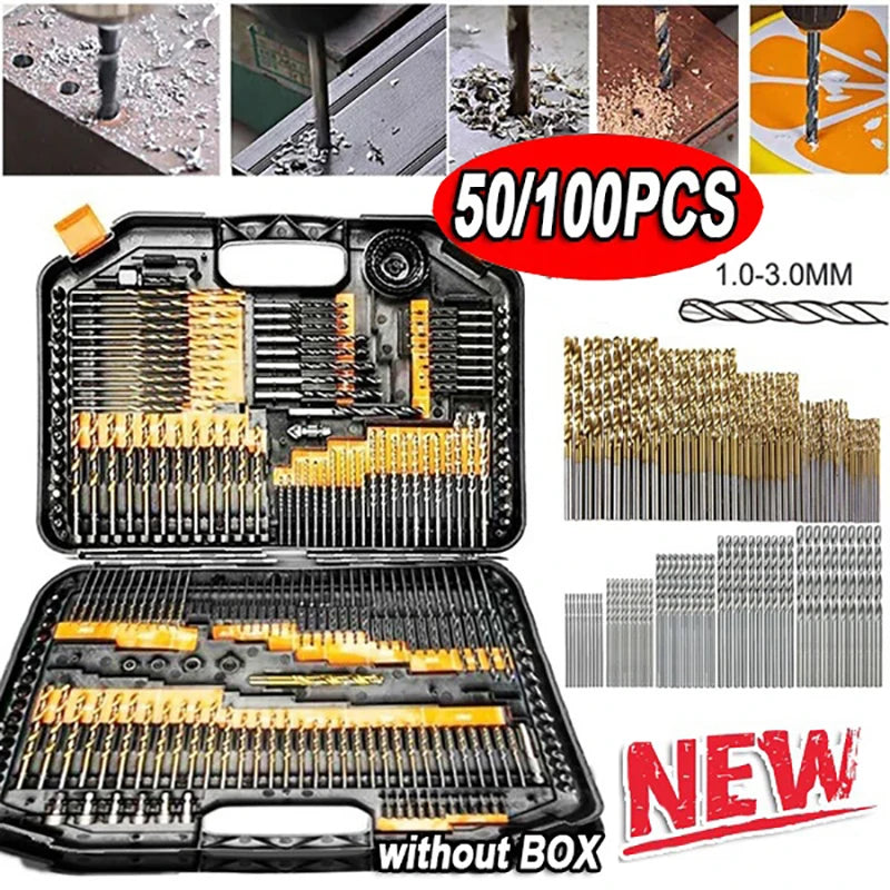 HSS Titânio Revestido Brocas, Conjunto de Aço de Alta Velocidade, Qualidade Ferramentas Elétricas, 1mm, 1.5mm, 2mm, 2.5mm, 3mm, 100 Pcs, 50Pcs