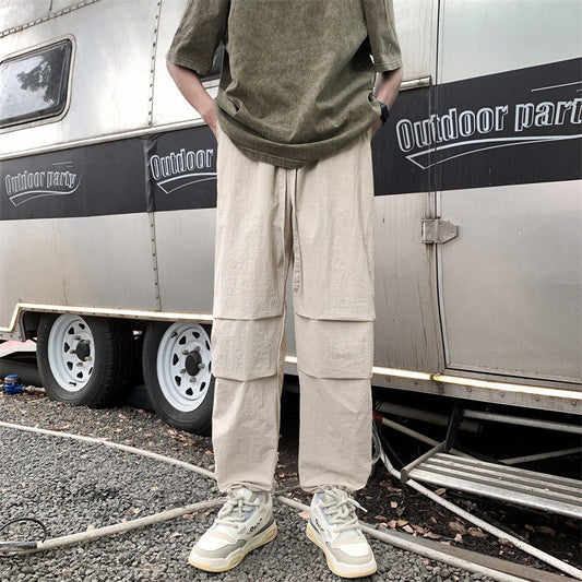 calça reta e larga com bolso casual