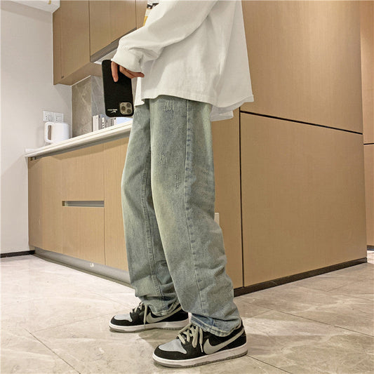 calça jeans reta estilo hong kong streetwear