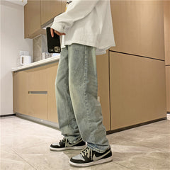 calça jeans reta estilo hong kong streetwear