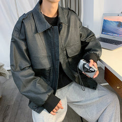 jaqueta de couro masculina estilo punk motoqueiro streetwear