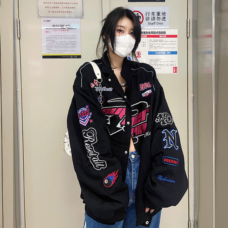 jaqueta bordada de forma retrô americanas em uniforme de beisebol de marca de hip-hop de rua solta jaqueta de algodão masculina e feminina