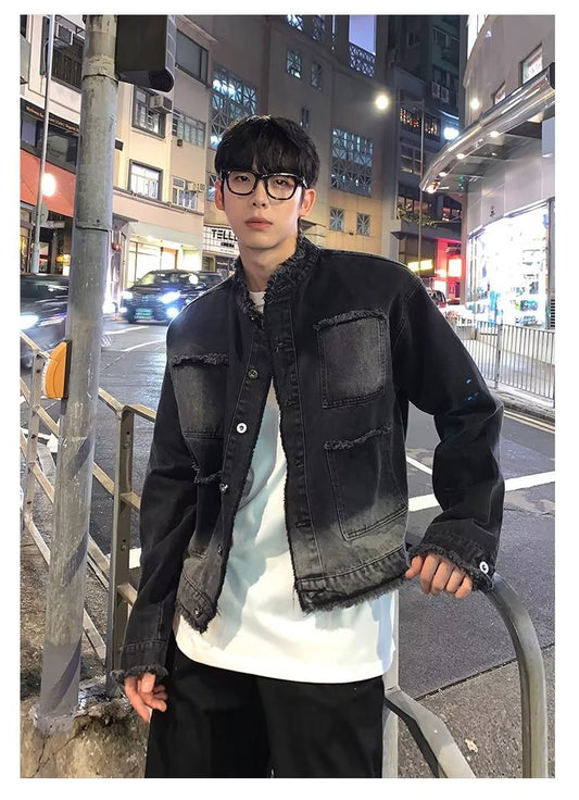 jaqueta jeans masculina estilo streetwear com bolso