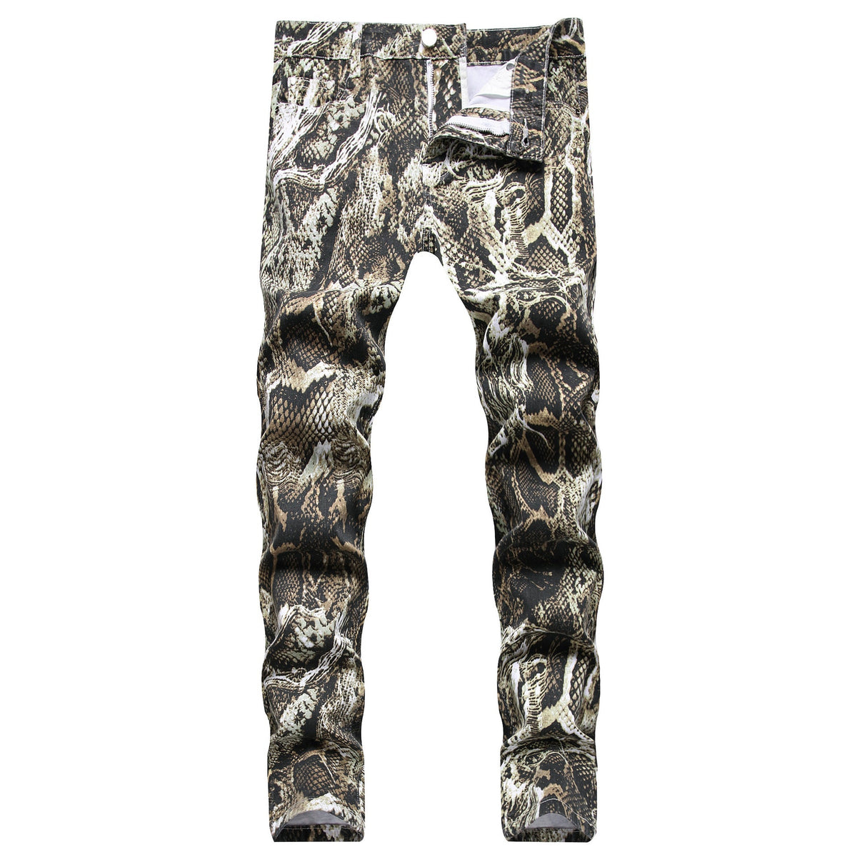 calça jeans em modelo de pele de cobra
