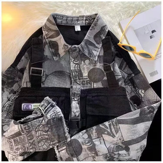 Jaqueta de ferramentas de vento funcional primavera e outono masculina ins maré marca ruffian Japonês na moda jaqueta jeans comércio exterior