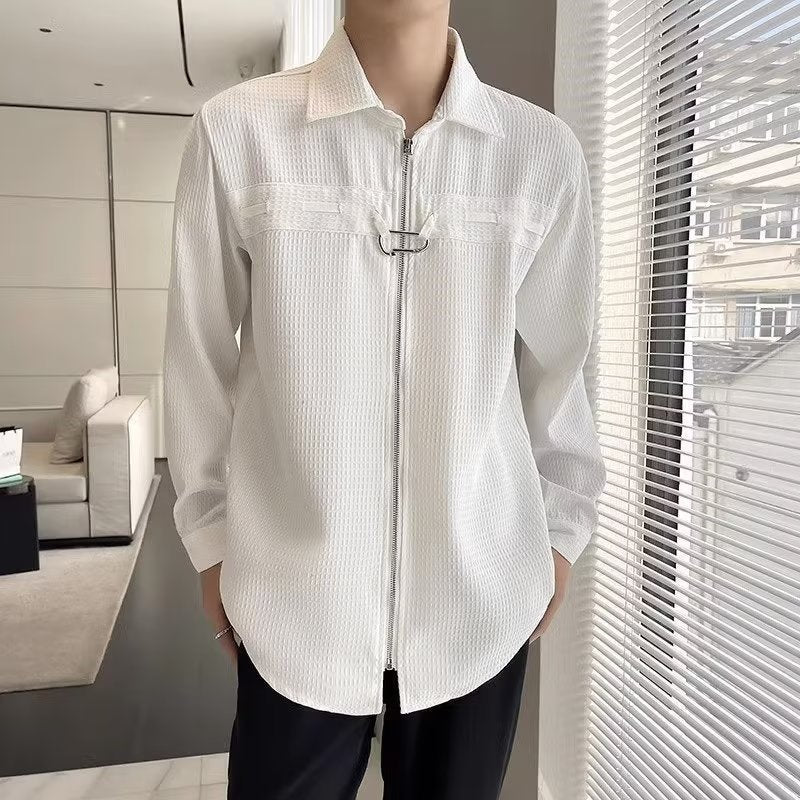 Camisa de manga comprida com zíper de design Waffle masculina