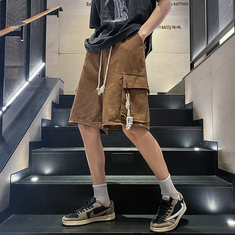 shorts jeans masculinos com bolsos e alça pra amarrar