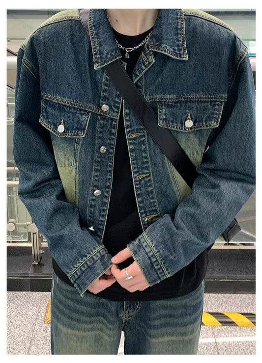 jaqueta jeans masculina com multi bolsos e gola