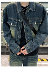 jaqueta jeans masculina com multi bolsos e gola