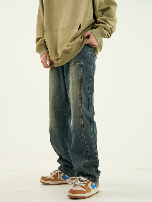 Jeans retos drapeado masculino de nove pontas da marca da moda casual perna larga estilo Hong Kong tendência retrô solto