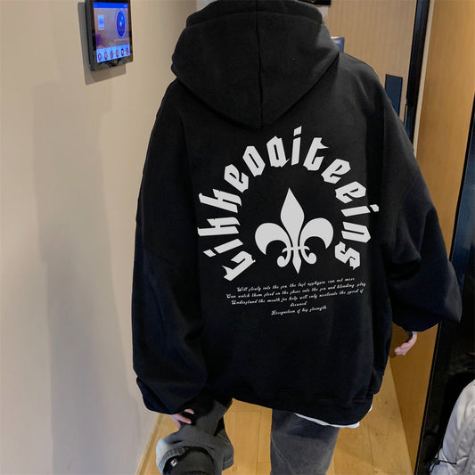 Moletom com capuz masculino de rua solto na moda com estampa traseira