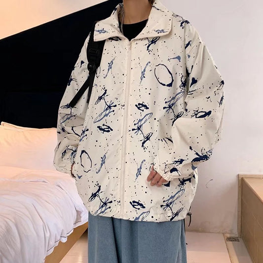 blusa de frio larga com ziper com detalhes de pintura