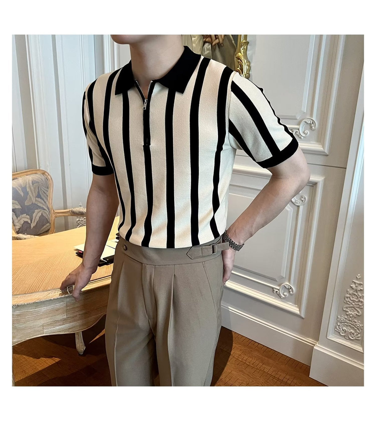 Camisa polo de manga curta de malha masculina de verão estilo coreano fino listrado