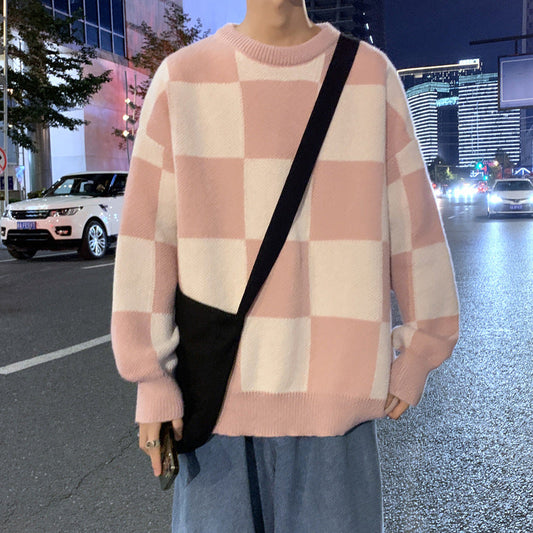Suéter xadrez masculino solto estilo harajuku, pulôver com gola