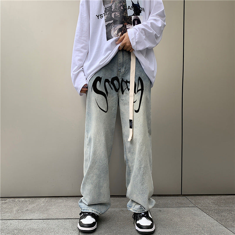Calça jeans estampada com letras americanas high street