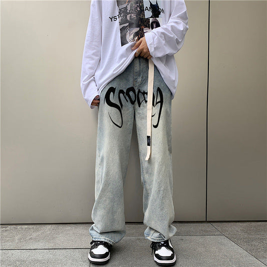 Calça jeans estampada com letras americanas high street