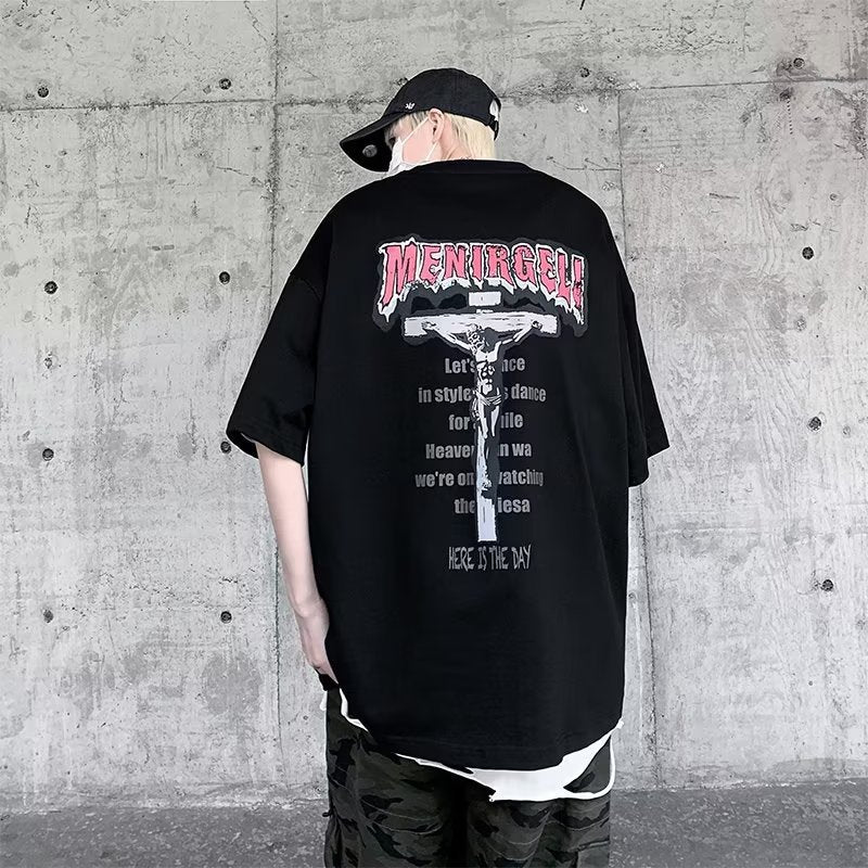 camisa larga masculina com letras e Jesus estampado nas costas estilo streetwear