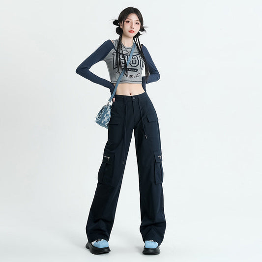 calça estilo cargo de cintura elástica feminino high street americano
