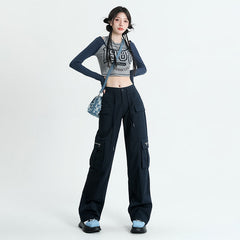 calça estilo cargo de cintura elástica feminino high street americano