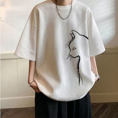 camisa larga masculina com desenho de gato oversize