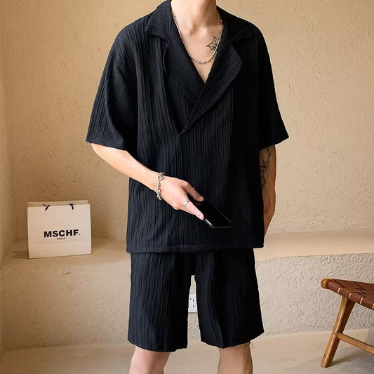Terno plissado lapela de manga curta masculino verão japonês solto tops casuais shorts versão coreana para todos os jogos respirável moda 86