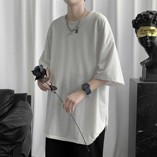Camiseta masculina de manga curta de cor sólida verão estilo Hong Kong