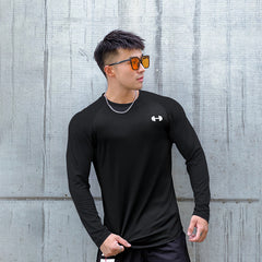 camisa fitness de manga comprida masculino apertado de secagem rápida
