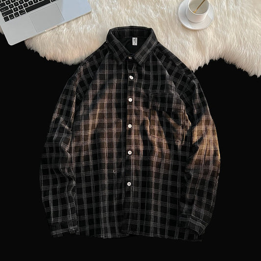 camisa xadrez de manga comprida masculina estilo streetwear