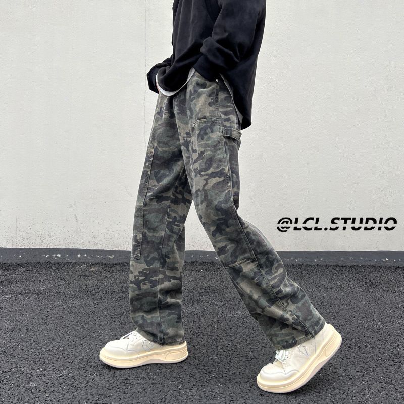 calça larga masculina de camuflagem high street