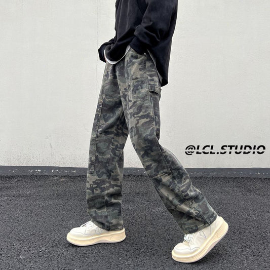 calça larga masculina de camuflagem high street