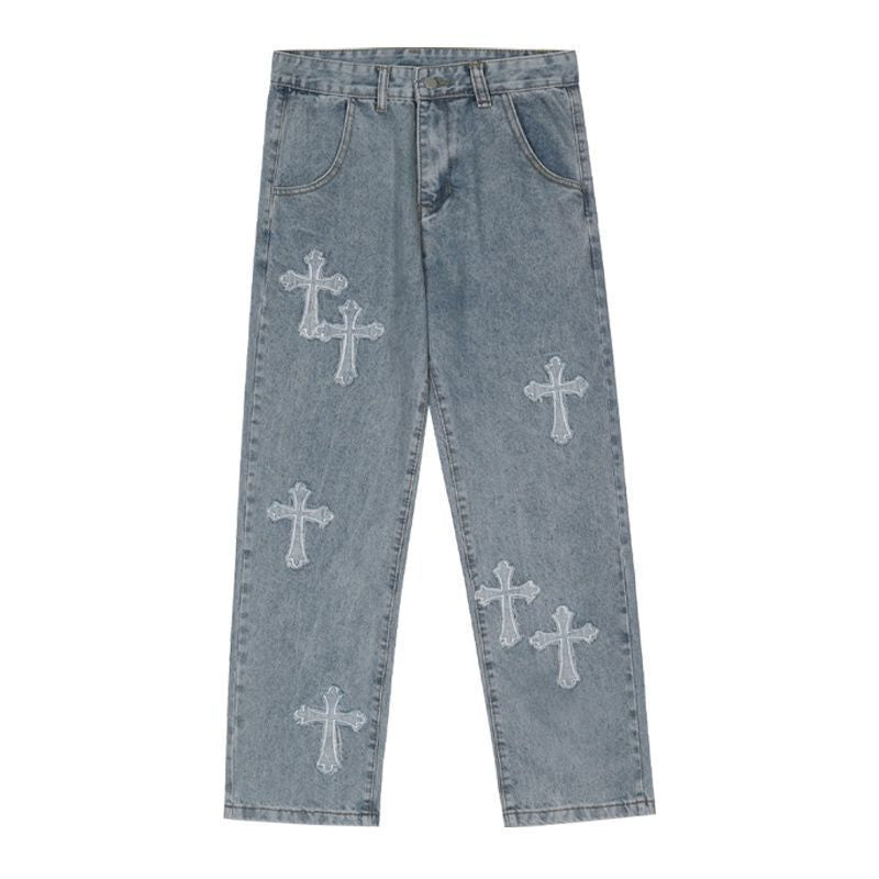 jeans largo masculino estilo high street com cruz estampadas