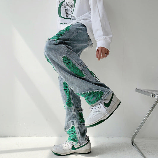 calça jeans larga com rasgo unissex estilo hip hop americano