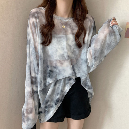 Roupas de proteção solar de malha tie-dye, camiseta feminina transparente de manga comprida, tops soltos de tamanho grande