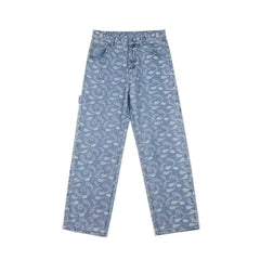 Jeans de flor de castanha de caju, soltos, para todos os jogos, versão coreana, calças compridas casuais da moda, marca da moda, homens americanos de rua