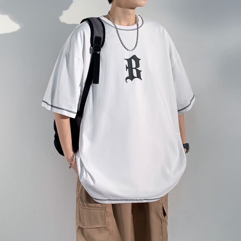 Camiseta de algodão de manga curta com ''B'' estampado estilo high street