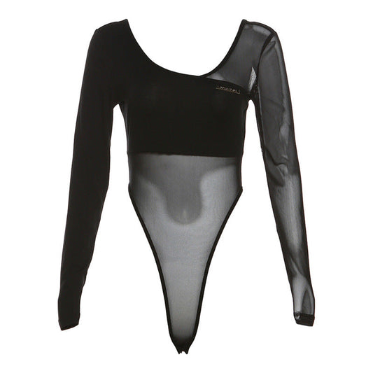 camisa de manga comprida com decote transparente