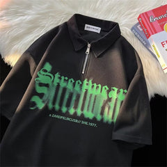 Camisa polo americana retrô com meio zíper verão alta rua marca camiseta sem tampa manga solta