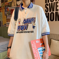 Blusa de verão masculina de manga curta da moda camisa POLO de marca com lapela top líquido adolescente manga média estilo Hong Kong estilo Harajuku