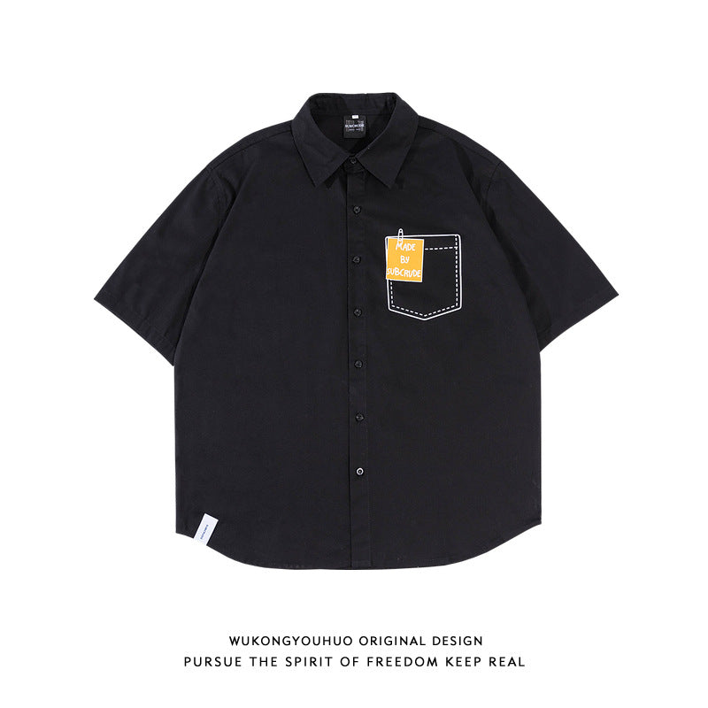 Camisa SMS simples de cor sólida para todos os jogos de verão masculina de Hong Kong, marca da moda, design de bolso, camisa externa da moda, comércio exterior