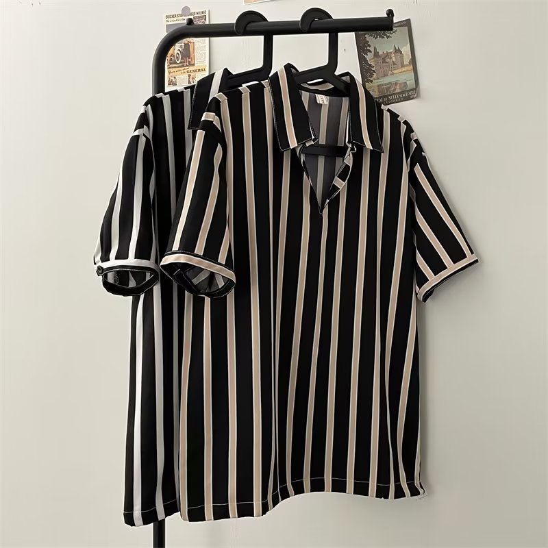 Roupas de verão, seção fina, camisas bonitas, camisas masculinas de manga curta em seda gelada, roupas masculinas, listras de marcas da moda, mangas cinco quartos, roupas para comércio exterior