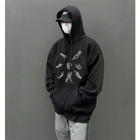 moletom com capuz masculino com estampa de mãos estilo high street