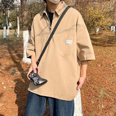 Camisa pólo japonesa de marca de verão, manga curta, solta, tamanho grande, seção fina, ferramentas, lapela, camiseta simples, algodão, meia manga