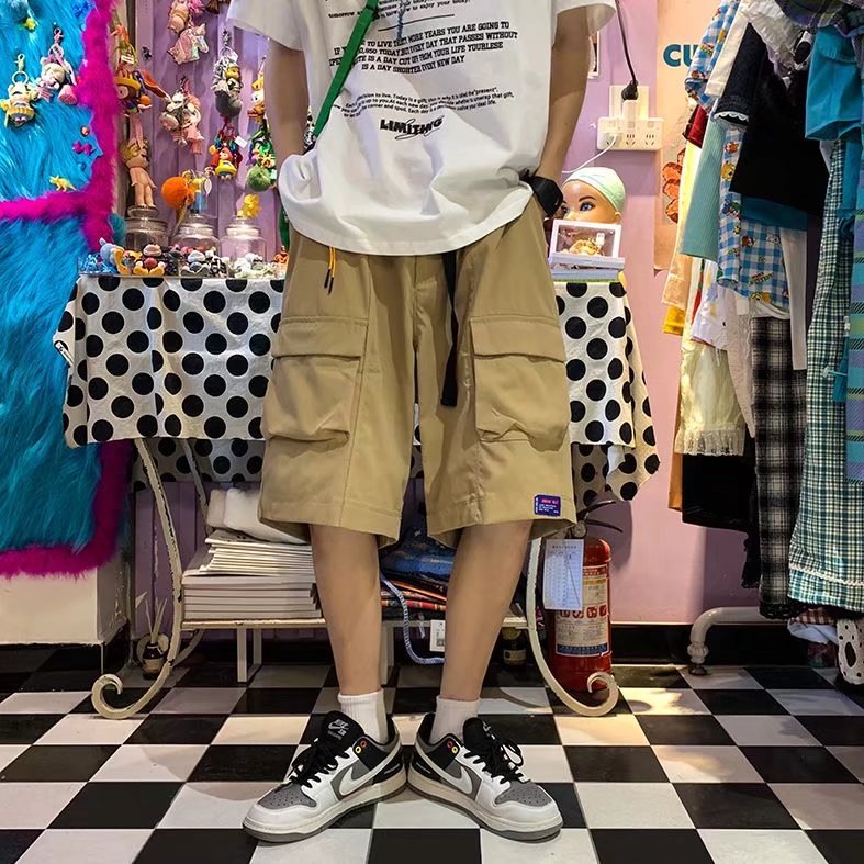 Shorts japoneses de rua masculinos da marca da moda, calças soltas de cinco pontos, calças de praia de algodão de verão, calças coreanas casuais