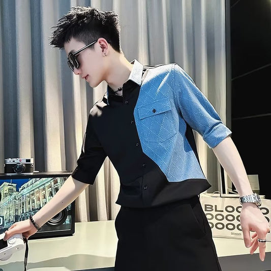 Camisa de manga curta de verão fina para jovens roupas de cima estilo Hong Kong camisa casual marca maré versão coreana geração Douyin