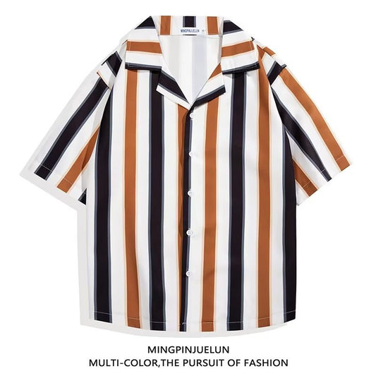 camisa Estilo Hong Kong de hip-hop retrô simples listrada com lapelas e mangas curtas na praia