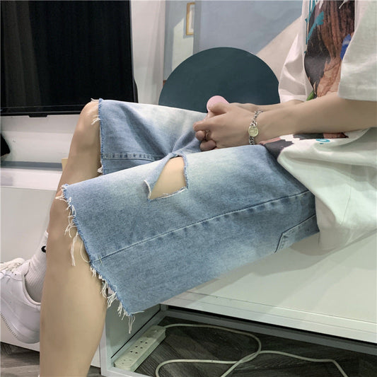 shorts masculino com detalhe rasgado Dongdaemun Korea Roupa Masculina Lavagem Direta moda vintage