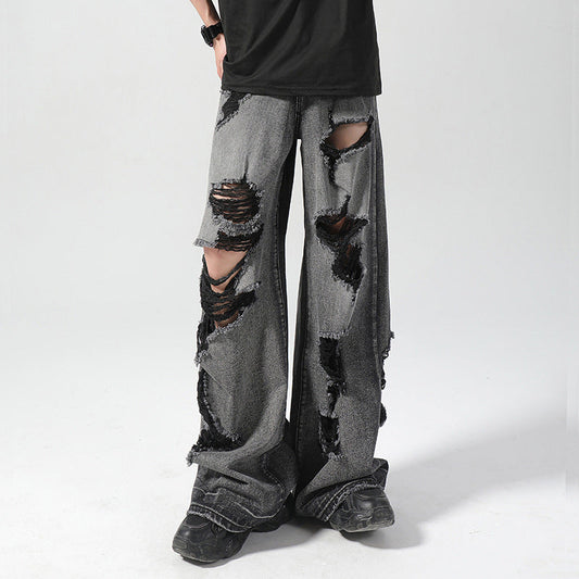 Calça jeans reta rasgada masculina estilo retrô