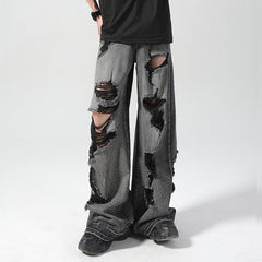 Calça jeans reta rasgada masculina estilo retrô